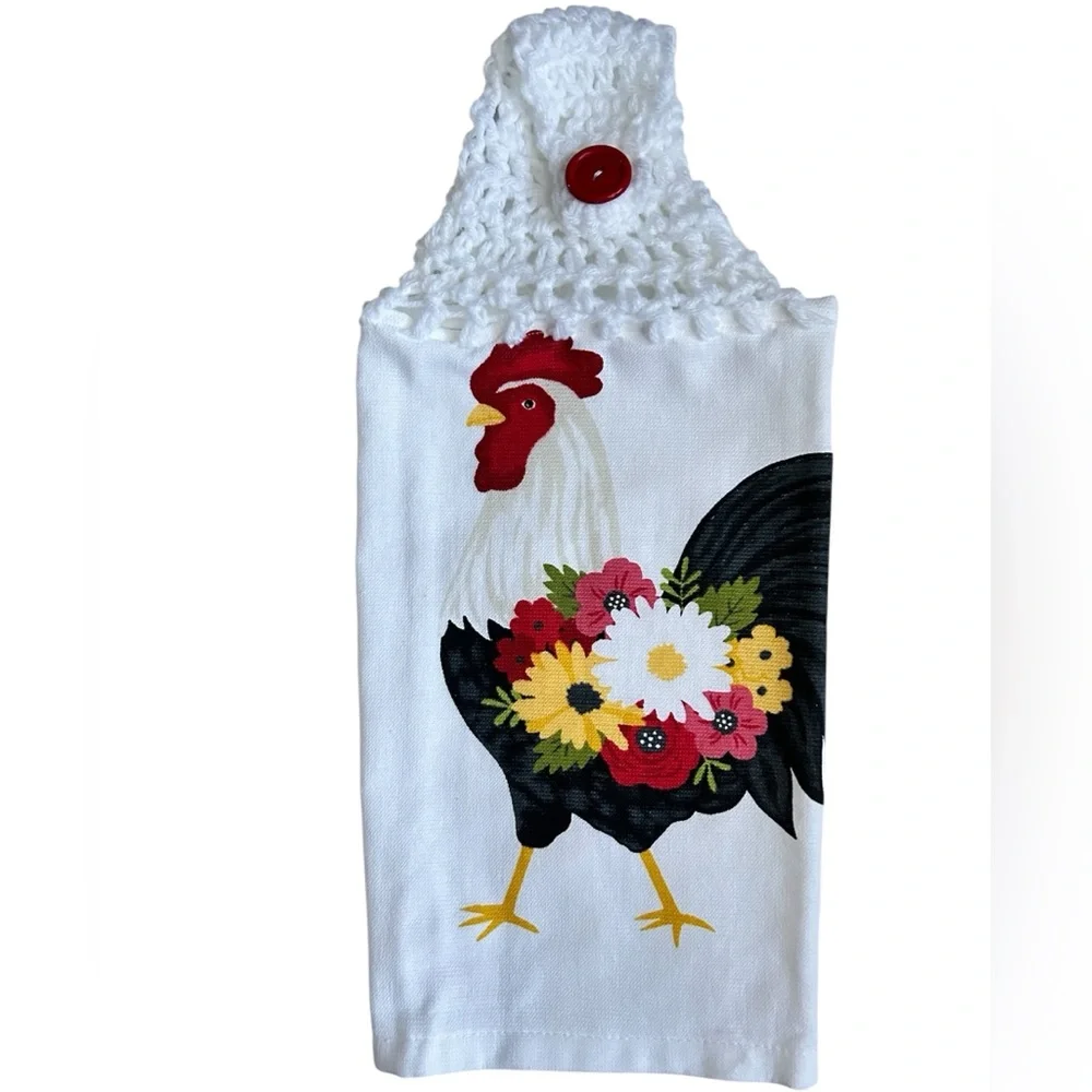 Hand Crafted Farmhouse Rooster Hanging Kitchen Hand Towel with Red Button